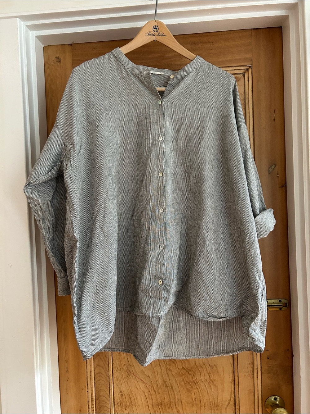 Eileen Fisher Heathered Light Beige/Black Striped Linen-Blend Button Front Shirt